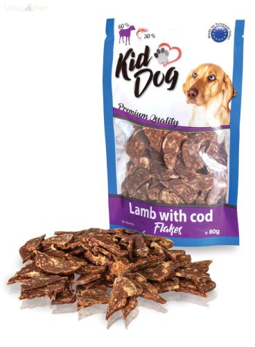 KidDog jutalomfalat kutyáknak - Lamb whit Cod Flakes - bárány 60%/tőkehal 30% lapocskák 80g