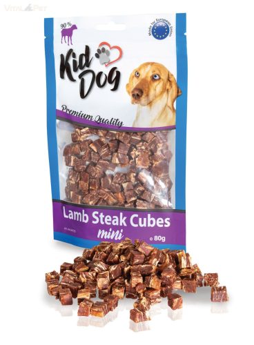 KidDog jutalomfalat kutyáknak - Mini Lamb Steak Cubes - mini bárány 95%, bivalybőr kockák 80g