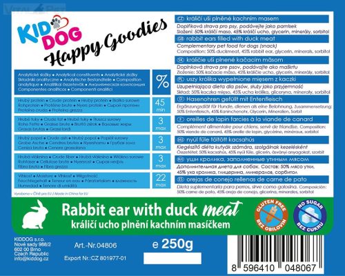 KidDog jutalomfalat kutyáknak - Rabbit ear & duck meat - nyúlfül  45% kacsahússa 50% 250g