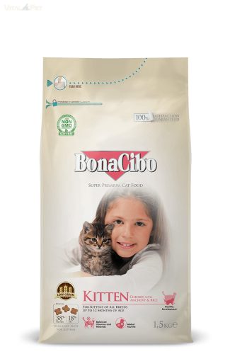 BonaCibo Cat Kitten 1,5 kg Chicken & Rice szardellával és rákkal